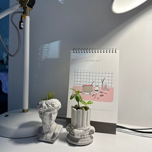 Può includere: Due vasi in cemento bianco, uno a forma di busto e l'altro a forma di colonna, entrambi con piccole piante verdi che crescono al loro interno. I vasi sono su una superficie bianca con un calendario che dice "Febbraio" sullo sfondo.