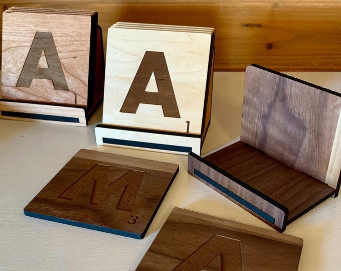 Scrabble Tile Coaster Set with Holder: Fun Game Night Decor