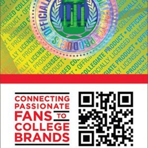 May include: A red, white and blue sticker with a QR code and the text "Connecting Passionate Fans to College Brands" and "AB00000001".