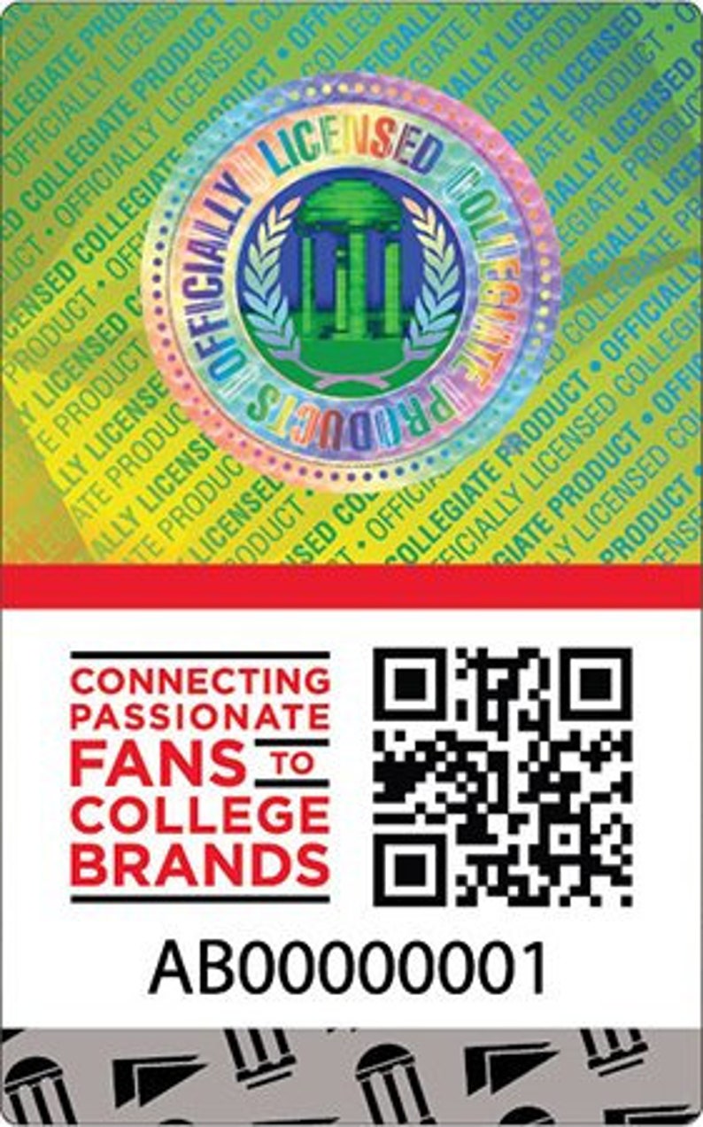 May include: A red, white and blue sticker with a QR code and the text "Connecting Passionate Fans to College Brands" and "AB00000001".
