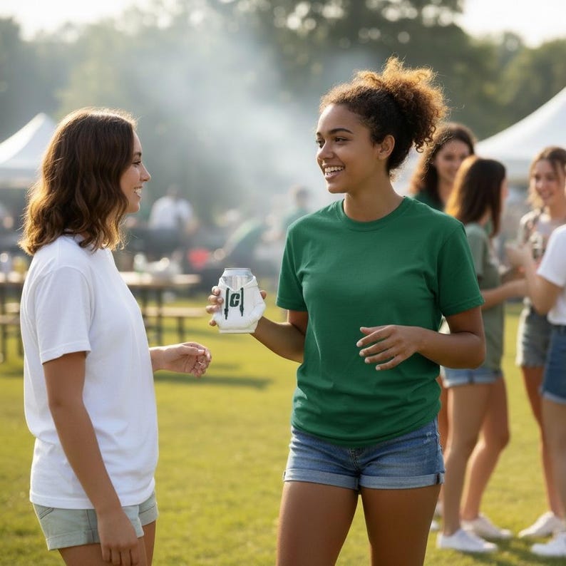 Puede incluir: Dos personas sonr&iacute;en y hablan al aire libre. Una persona sostiene un enfriador de latas blanco con un dise&ntilde;o negro. La otra persona lleva una camiseta blanca. Otras personas est&aacute;n en el fondo con camisetas verdes y pantalones cortos vaqueros.