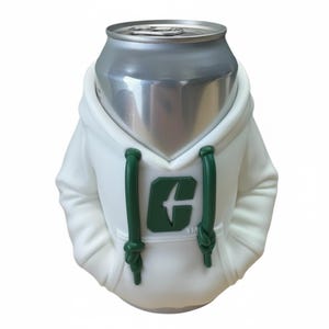 Puede incluir: Una lata plateada dentro de un enfriador de latas blanco con forma de sudadera con capucha. El enfriador tiene cordones verdes y un logotipo "C" verde. La lata es parcialmente visible por encima de la sudadera.