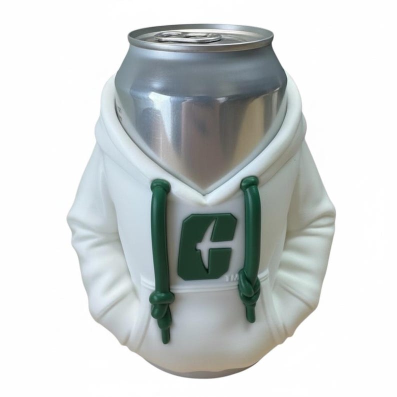 Puede incluir: Una lata plateada dentro de un enfriador de latas blanco con forma de sudadera con capucha. El enfriador tiene cordones verdes y un logotipo "C" verde. La lata es parcialmente visible por encima de la sudadera.