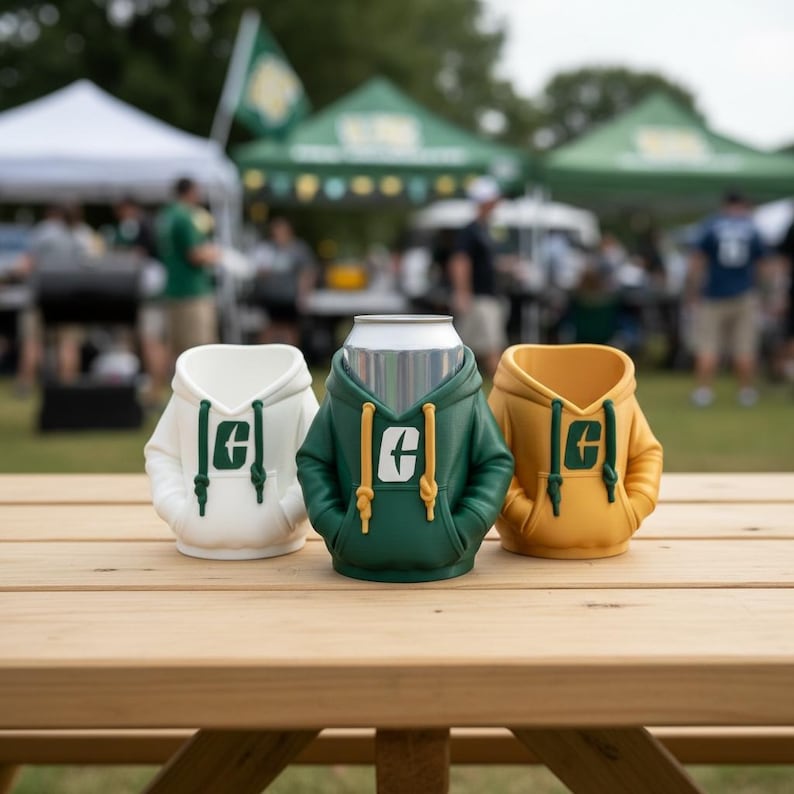 Puede incluir: Tres enfriadores de latas con forma de sudadera con capucha, en blanco, verde y amarillo, est&aacute;n sobre una mesa de picnic de madera. Cada enfriador tiene una capucha y un bolsillo, con un logotipo en la parte delantera. Una lata plateada est&aacute; en el enfriador verde.