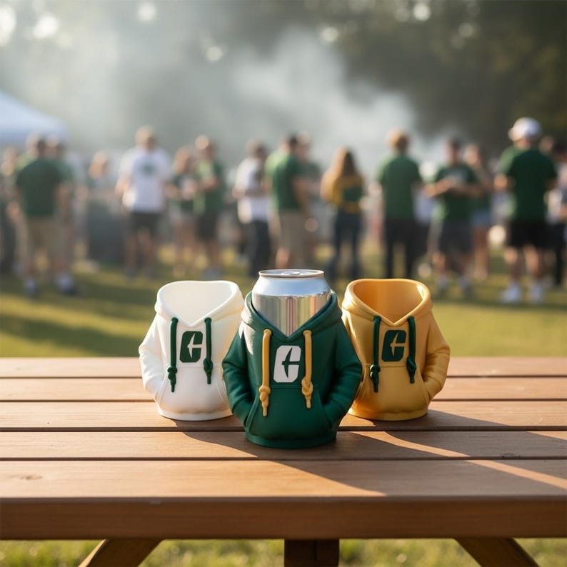 Puede incluir: Tres enfriadores de latas con forma de sudaderas con capucha, en blanco, verde y amarillo, est&aacute;n sobre una mesa de picnic de madera. El enfriador verde contiene una lata plateada. Cada enfriador tiene la letra "G".