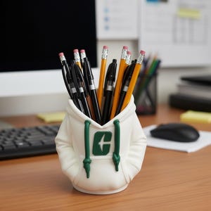 Puede incluir: Un portal&aacute;pices blanco con forma de sudadera con capucha, con detalles verdes y un logotipo. Est&aacute; lleno de bol&iacute;grafos negros y l&aacute;pices amarillos con gomas de borrar rosas. El portal&aacute;pices est&aacute; sobre un escritorio de madera.