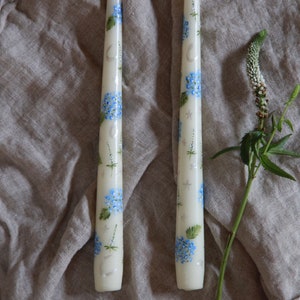 Evening Hydrangeas Hand Painted Taper Candles S/2 / Dripless/ Home Decor/ Wedding Candles/ 8 Hour Burn Time