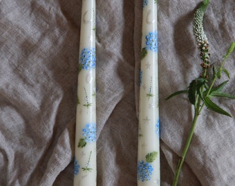 Evening Hydrangeas Hand Painted Taper Candles S/2 / Dripless/ Home Decor/ Wedding Candles/ 8 Hour Burn Time