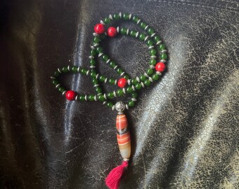 Sardonyx Mandala Mala red and green beads red tassel Handmade in USA 108 bead prayer necklace strand Buddhist