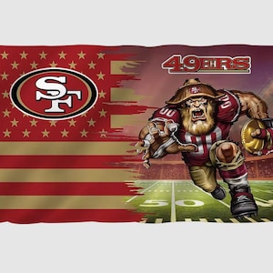 May include: A flag featuring the San Francisco 49ers logo and colors. The left side displays a red and gold American flag design with stars and stripes. The right side shows a muscular character in a 49ers uniform running with a football.