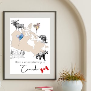Könnte beinhalten: Gerahmter Kunstdruck mit einer Karte von Kanada mit Illustrationen von Wildtieren, darunter ein Elch, ein Bär und ein Biber. Der Druck enthält den Text "Have a wonderful trip to Canada" und eine kanadische Flagge.