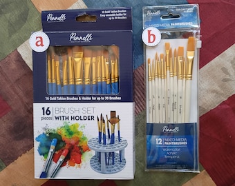 May include: Two sets of paintbrushes are displayed. One box reads "16 Gold Taklon Brushes & Holder" with a brush holder and colorful paint splatters. The other package contains 12 mixed media paintbrushes. Both sets have gold bristles and white or blue handles.