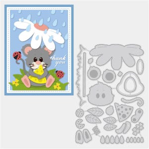 May include: A die-cut card featuring a gray mouse holding cheese under a daisy umbrella, with ladybugs and the text "thank you." The card is set against a blue background with rain and a white border. A separate die-cut sheet is also shown.