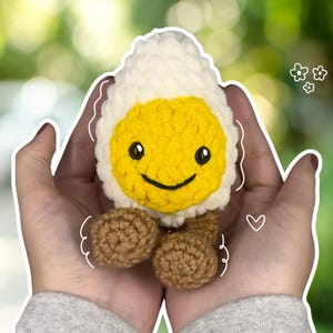 May include: A crocheted egg toy with a smiling face. The egg white is fluffy and white, surrounding a bright yellow yolk. The toy has small brown feet and black eyes. The background is a soft green.