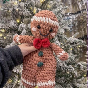 May include: A crocheted gingerbread man toy with a red bow tie, brown body, white trim, and green buttons. The toy is held in front of a snowy Christmas tree.