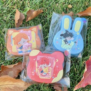 May include: Three colorful, packaged character-themed items on grass. One is a blue bunny shape, and two are bear-shaped, with illustrations of sleeping figures. The items are in clear plastic packaging, with a background of green grass and fallen leaves.