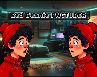 May include: Illustration of two cartoon figures wearing red beanies and sweaters, with surprised expressions. The text "Red Beanie PNGTUBER" is displayed above them. The background shows a room with a bed, desk, and computer setup.