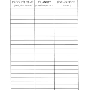 May include: A black and white inventory management chart with the headings "Product Name (Name/Description)", "Quantity (How Many In Stock)", and "Listing Price (Per Unit)".