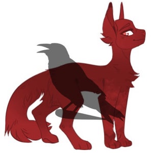 Könnte beinhalten: Eine stilisierte Illustration eines roten Hundes mit dem Schatten eines Rabens dahinter.