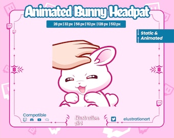 May include: Animated bunny headpat emoji with a hand petting the bunny's head. The bunny is white with pink ears and a pink nose. The bunny is smiling and has its eyes closed. The hand is a light skin tone.