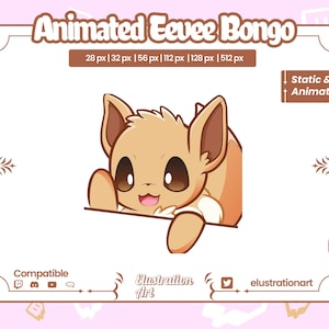 Puede incluir: Ilustración animada de un personaje Eevee, con cuerpo marrón claro, ojos marrones grandes y boca rosa. La imagen incluye el texto "Animated Eevee Bongo" y varias opciones de tamaño. Compatible con Twitch, Discord y YouTube.