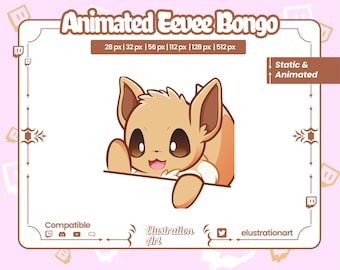 Puede incluir: Ilustración animada de un personaje Eevee, con cuerpo marrón claro, ojos marrones grandes y boca rosa. La imagen incluye el texto "Animated Eevee Bongo" y varias opciones de tamaño. Compatible con Twitch, Discord y YouTube.