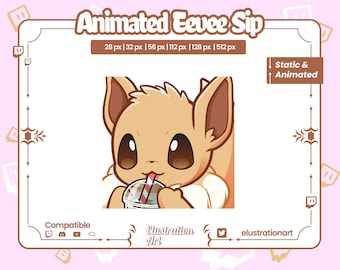 Puede incluir: Ilustración animada de un personaje de dibujos animados Eevee marrón con grandes ojos marrones, bebiendo de una taza roja y blanca a rayas con una pajita. El personaje lleva una camisa blanca. La imagen está etiquetada como "Animated Eevee Sip" e incluye el texto "Static & Animated".