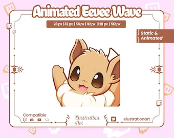 May include: Animated Eevee waving with a happy expression. The Eevee is brown and white with large brown eyes. The image is set against a white background with a brown frame.