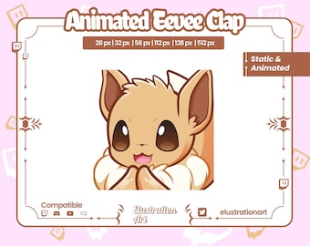 Puede incluir: Eevee animado aplaudiendo con sus patas, con un pelaje marrón claro, grandes ojos marrones y un collar blanco. La imagen está sobre un fondo rosa con un marco blanco.
