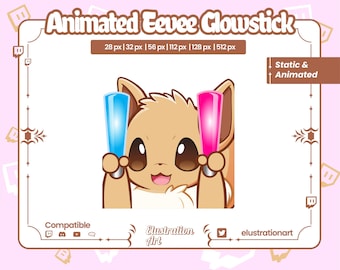 Puede incluir: Ilustración de un personaje de dibujos animados Eevee sosteniendo un palo de luz azul y rosa. El texto "Animated Eevee Glowstick" está en la parte superior. La imagen está enmarcada con un borde rosa e incluye iconos de redes sociales.