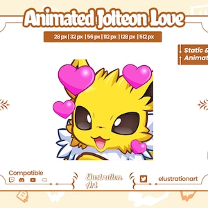 May include: Animated illustration of a yellow Jolteon Pokémon with a happy expression. The Jolteon is surrounded by pink hearts. The text "Animated Jolteon Love" is at the top of the image.