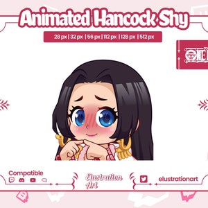 Könnte beinhalten: Animierte digitale Illustration von Hancock Shy aus One Piece. Die Figur hat schwarzes Haar, blaue Augen und errötende Wangen. Das Bild enthält das One Piece-Logo und Text, der die Kompatibilität anzeigt.