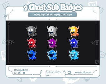 May include: Nine animated ghost sub badges in various colors, including gray, red, purple, blue, and yellow. The badges are designed for Twitch and are compatible with other platforms. The text "9 Ghost Sub Badges" is at the top of the image. The text "18 px | 28 px | 36 px | 56 px | 72 px | 112 px" is below the title. The text "Compatible" is at the bottom left of the image. The text "Elustration Art" is at the bottom center of the image. The text "elustrationart" is at the bottom right of the image.