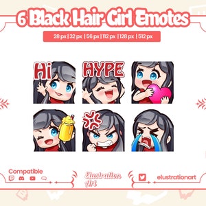 Chibi Black Hair Girl Twitch Emotes Pack (Digital Download)