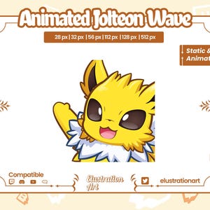 May include: Animated illustration of a yellow Jolteon Pokemon with a white ruff, waving with its right paw. The image is labeled "Animated Jolteon Wave" and includes the text "Static & Animated".