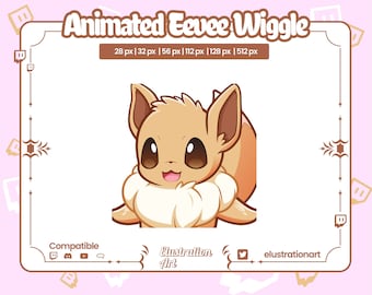 Pode incluir: Ilustração animada de um Eevee marrom com um colar branco e felpudo, sorrindo e olhando para a direita. A imagem é intitulada "Animated Eevee Wiggle" e inclui o texto "28 px | 32 px | 56 px | 112 px | 128 px | 512 px".