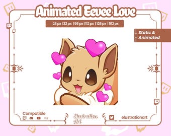 Puede incluir: Ilustración animada de un Eevee marrón con corazones rosas a su alrededor. El Eevee sonríe y tiene la lengua fuera. El texto "Animated Eevee Love" está en la parte superior de la imagen.