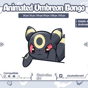 Puede incluir: Umbreon Bongo animado, un personaje de dibujos animados negro y amarillo con ojos rojos, se muestra asomándose desde detrás de una superficie blanca. El personaje está disponible en varios tamaños, desde 28 píxeles hasta 512 píxeles. La imagen incluye el texto "Estático & Animado".