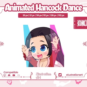 May include: Animated illustration of a woman with long black hair, wearing a red dress and a pink and blue background. The text "Animated Hancock Dance" is at the top of the image. The text "ONE PIECE" is in the upper right corner of the image.
