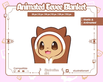 Puede incluir: Manta animada de Eevee con un Eevee marrón que lleva una manta con capucha blanca. El Eevee sonríe y tiene ojos marrones. La manta está disponible en varios tamaños, desde 28 píxeles hasta 512 píxeles. El texto "Estático & Animado" se muestra en el lado derecho de la imagen.