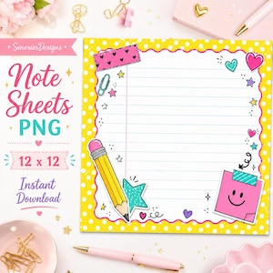May include: A square note sheet with a yellow polka dot border and a white lined center. The design features a pink washi tape strip, a yellow pencil, a teal star, and a pink square sticky note with a smiling face. Decorative hearts and stars surround the writing area, which is labeled as 12 x 12.
