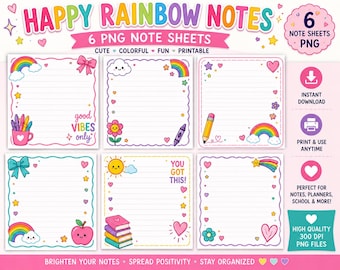 Cute Rainbow Note Sheets PNG | Printable Lined Paper | Kawaii Stationery | Digital Writing Paper | Planner Pages | Journal Notes