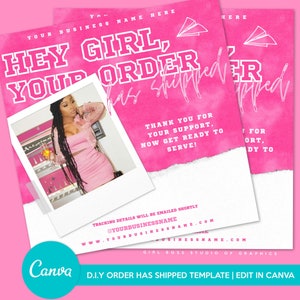 PINK orders has shipped flyer, orders has shipped, DIY template, hair business template, edit in canva