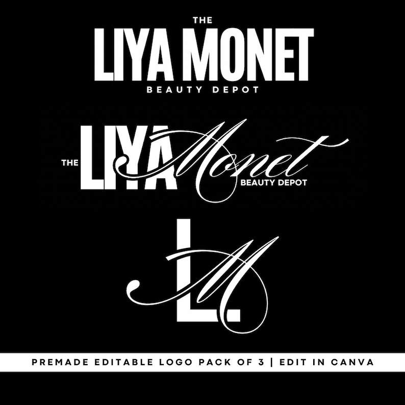 May include: Three logo designs for a beauty depot called "The Liya Monet Beauty Depot". The first logo is a simple, bold, white text design. The second logo is a more stylized design with a handwritten font. The third logo is a monogram with the letters "L" and "M" intertwined.