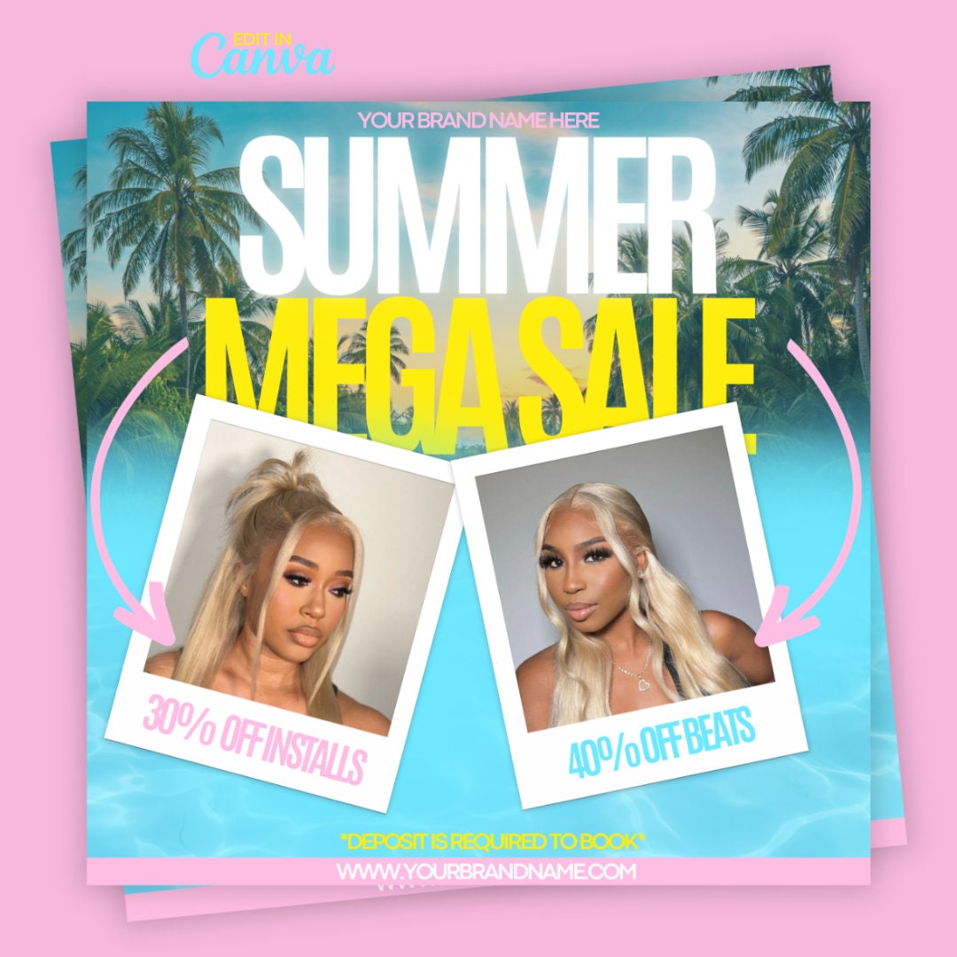 Summer mega sale template, Hair and lash flyer, DIY edit in canva Instagram flyer