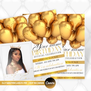 Könnte beinhalten: Goldene Geburtstagseinladung mit einem Foto einer Frau, die eine Krone und goldenes Make-up trägt. Die Einladung zeigt einen Hintergrund aus goldenen Ballons und den Text "Your name Birthday Official Celebration @THEVIXENLOUNGE Saturday, July 30th 7PM-11PM It's a celebration Come out and celebrate Nyah's 23rd birthday CALL 555 382 5689 TO RSVP"