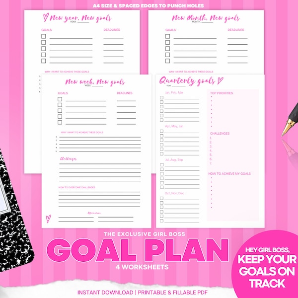 New Years Resolution goal plan, printable, daily weekly yearly monthly quarterly goals, Vision board, Reflections, Girl boss digital planner