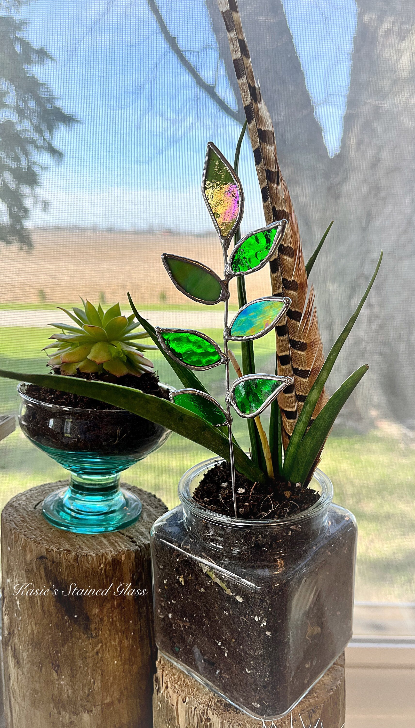 Single Stained Glass Leafy Plant Stake Etsy