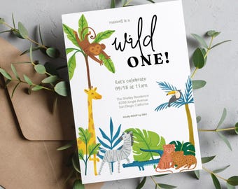 May include: A white invitation card with a jungle theme. The text reads "maxwell is a wild ONE!" and "let's celebrate 09/15 at 11am". The Shelley Residence, 8288 Jungle Avenue, San Diego, California. Kindly RSVP by 080.