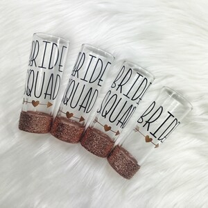 Bride Squad Glittered Shot Glasses | Personalized Bridesmaids Shot Glasses | Bridal Party Favors | Wedding Party Gifts | Custom Shot Glasses